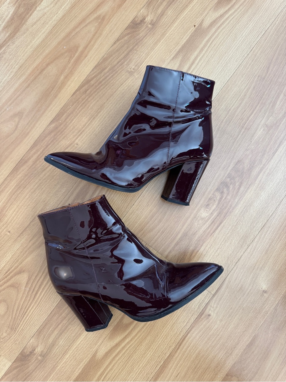 Patent Pointed-Toe Ankle Boots in Deep Burgundy